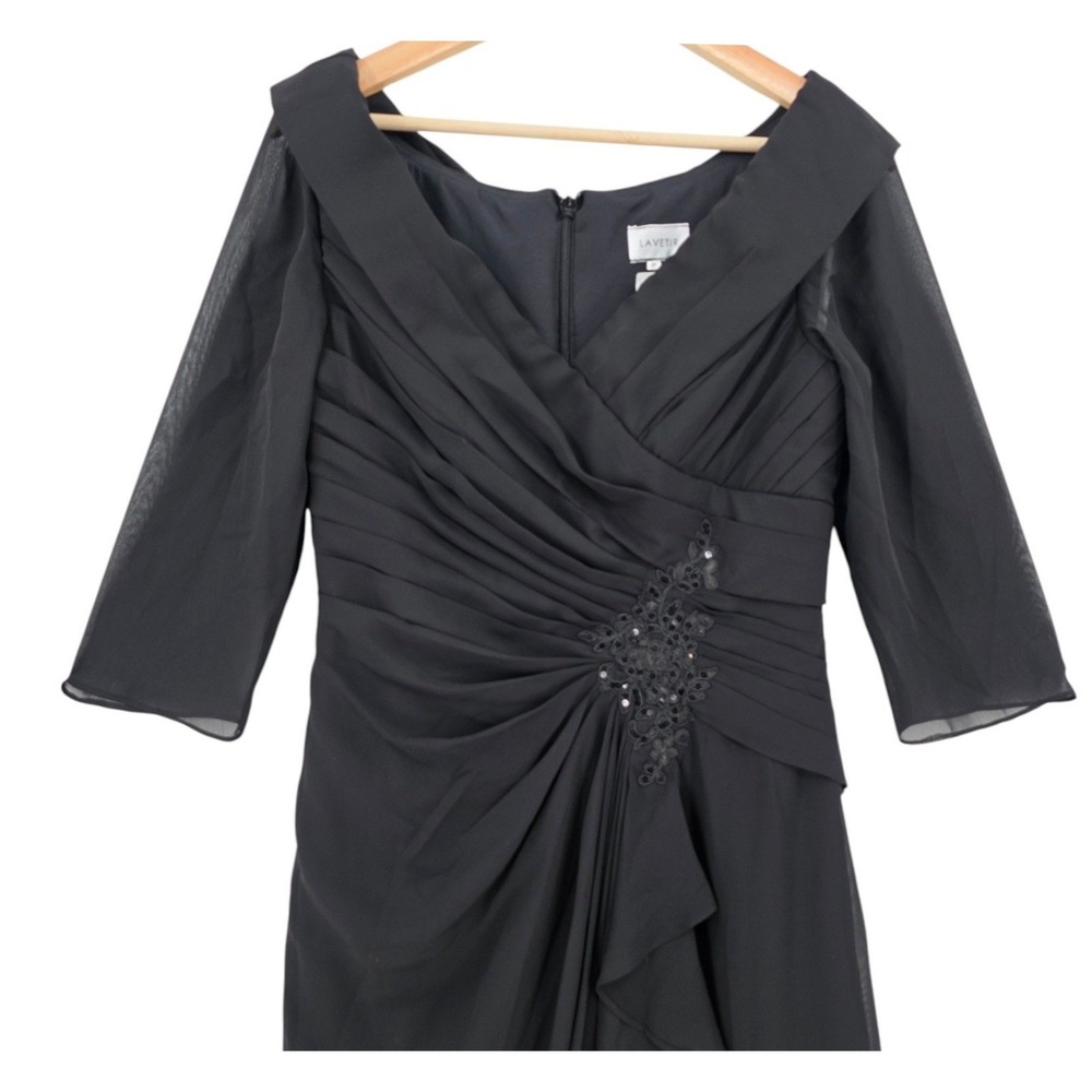 Lavetir Womens 8 Black Off Shoulder Ruched Chiffon Evening Gown - Picture 2 of 14
